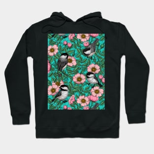 Chickadees in the wild rose, pink and blue Hoodie